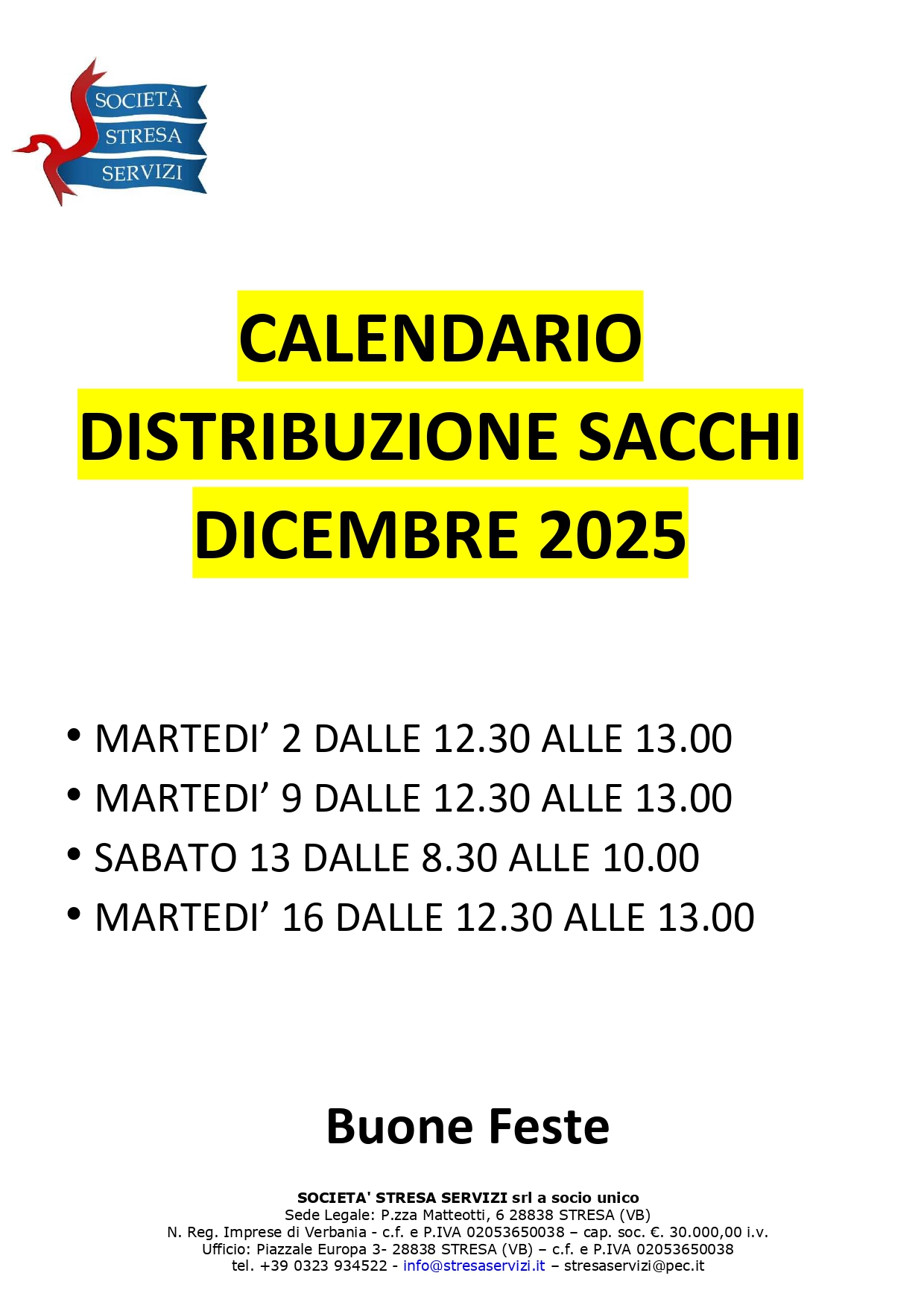 Calendario distribuzione sacchi raccolta differenziata rifiuti mese di dicembre 2025