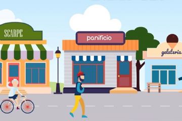 dalla strada si vedono un bambino in bicicletta un uomo che passeggia e sullo sfondo, un panificio al centro, una negozio di scarpe sulla sinistra ed una gelateria sulla destra.